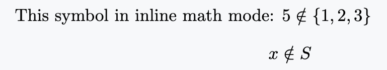 Inline and display math showing 5 ∉ {1, 2, 3} and x ∉ S