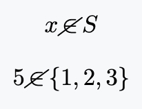 Mathematical expression x ∈ S with a diagonal strike-through on the ∈ symbol using \cancel command.