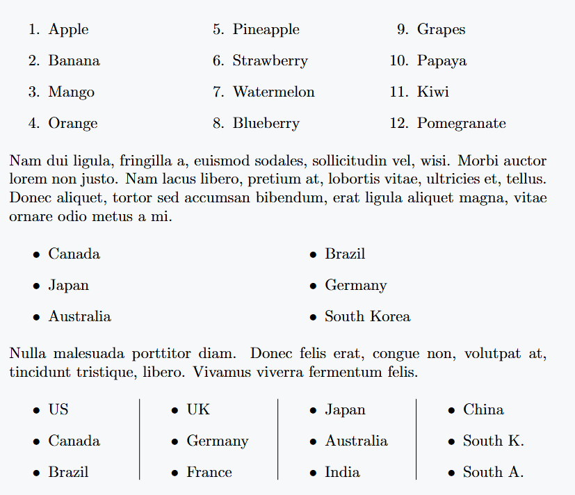 This image contains three sections with multi-column lists. The first list includes names of fruits, the second list includes names of several countries, and the third list includes additional country names. Each section organizes items into columns.