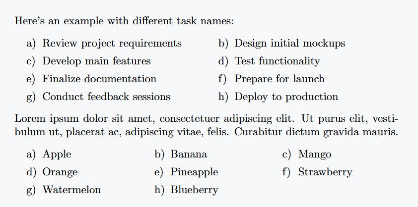 An image with two task lists on a light-colored background. The first list shows project tasks in two columns, and the second list displays fruit names in three columns.