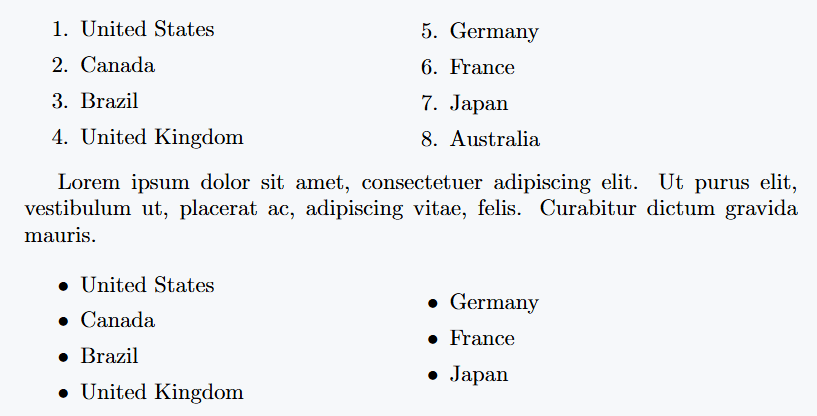 A document displaying two lists side-by-side. The first list, in numbered format, shows countries in two columns, while the second list, in bullet points, presents a similar set of country names.